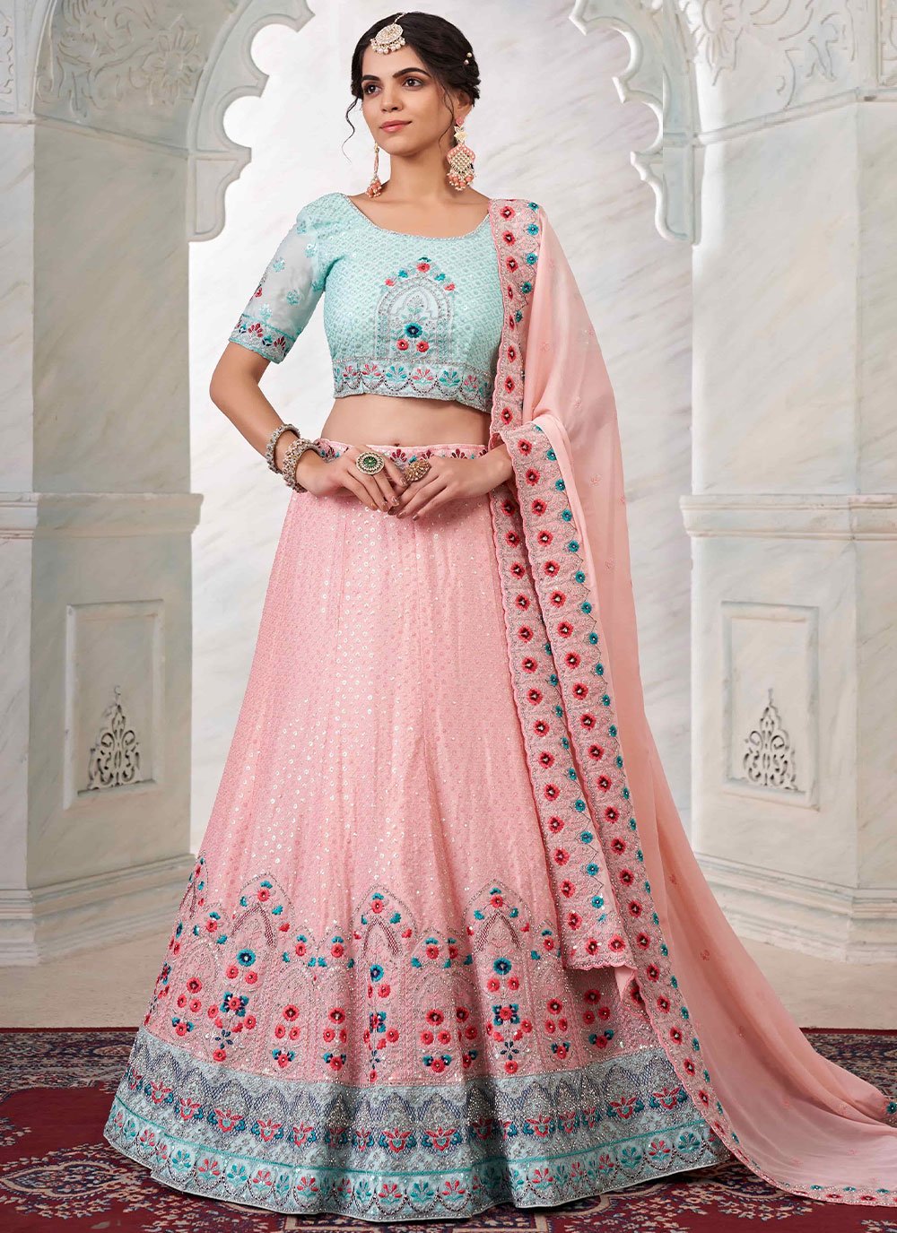 Lehenga Choli Georgette Peach Dori Work Lehenga Choli