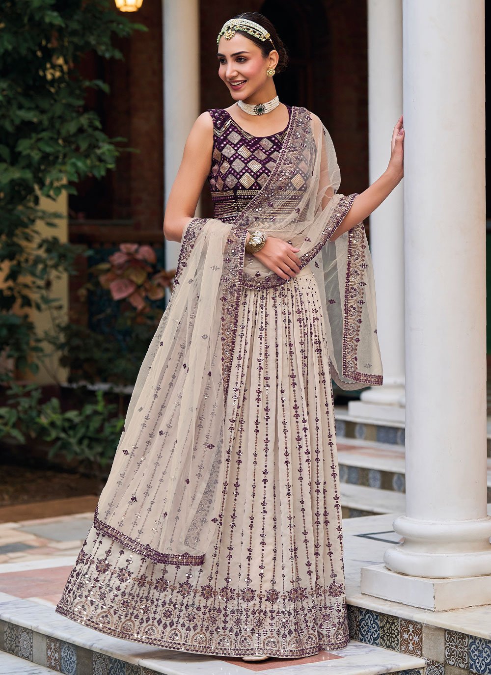 A Line Lehenga Georgette Cream Embroidered Lehenga Choli