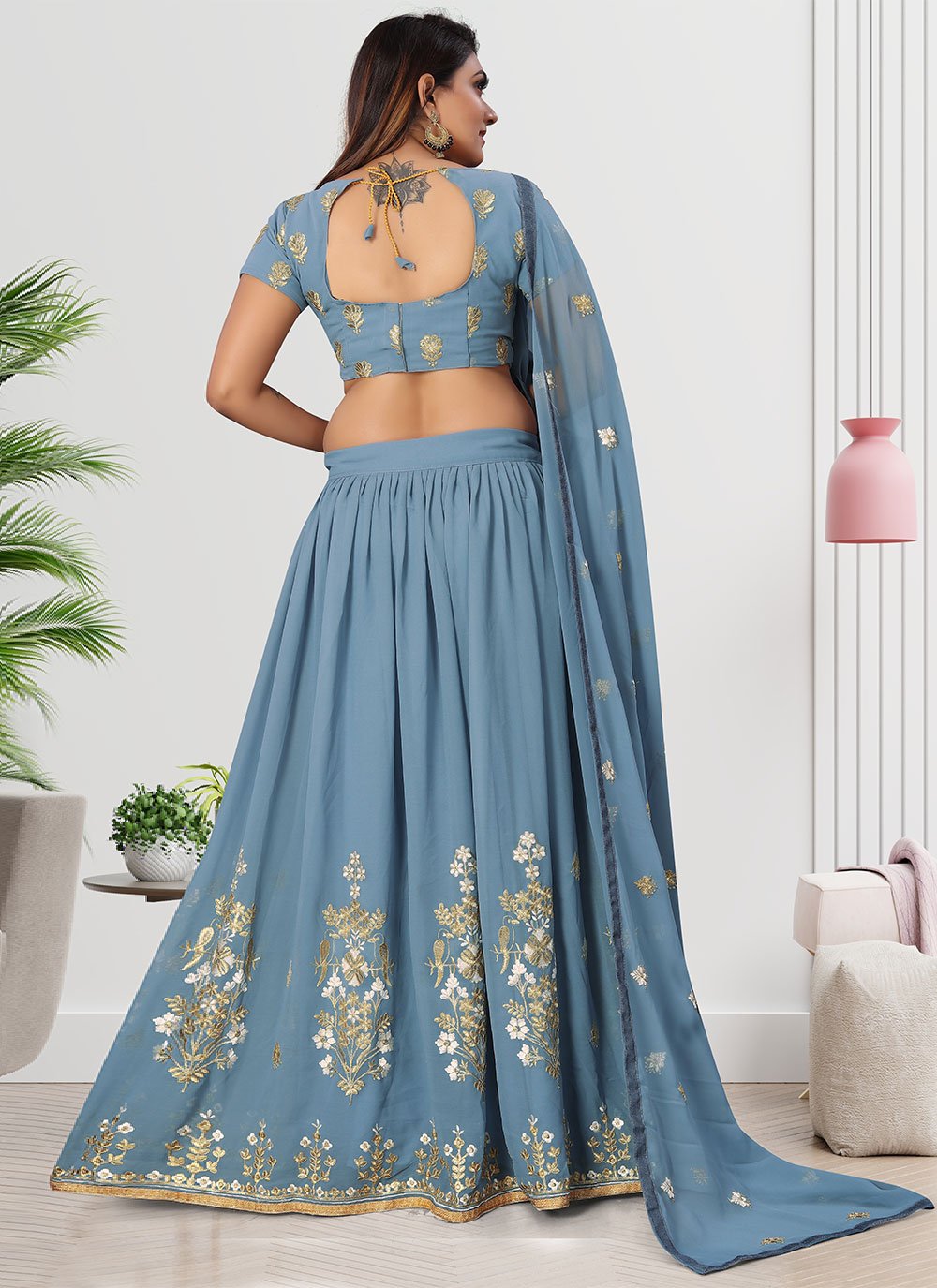 A Line Lehenga Georgette Blue Embroidered Lehenga Choli