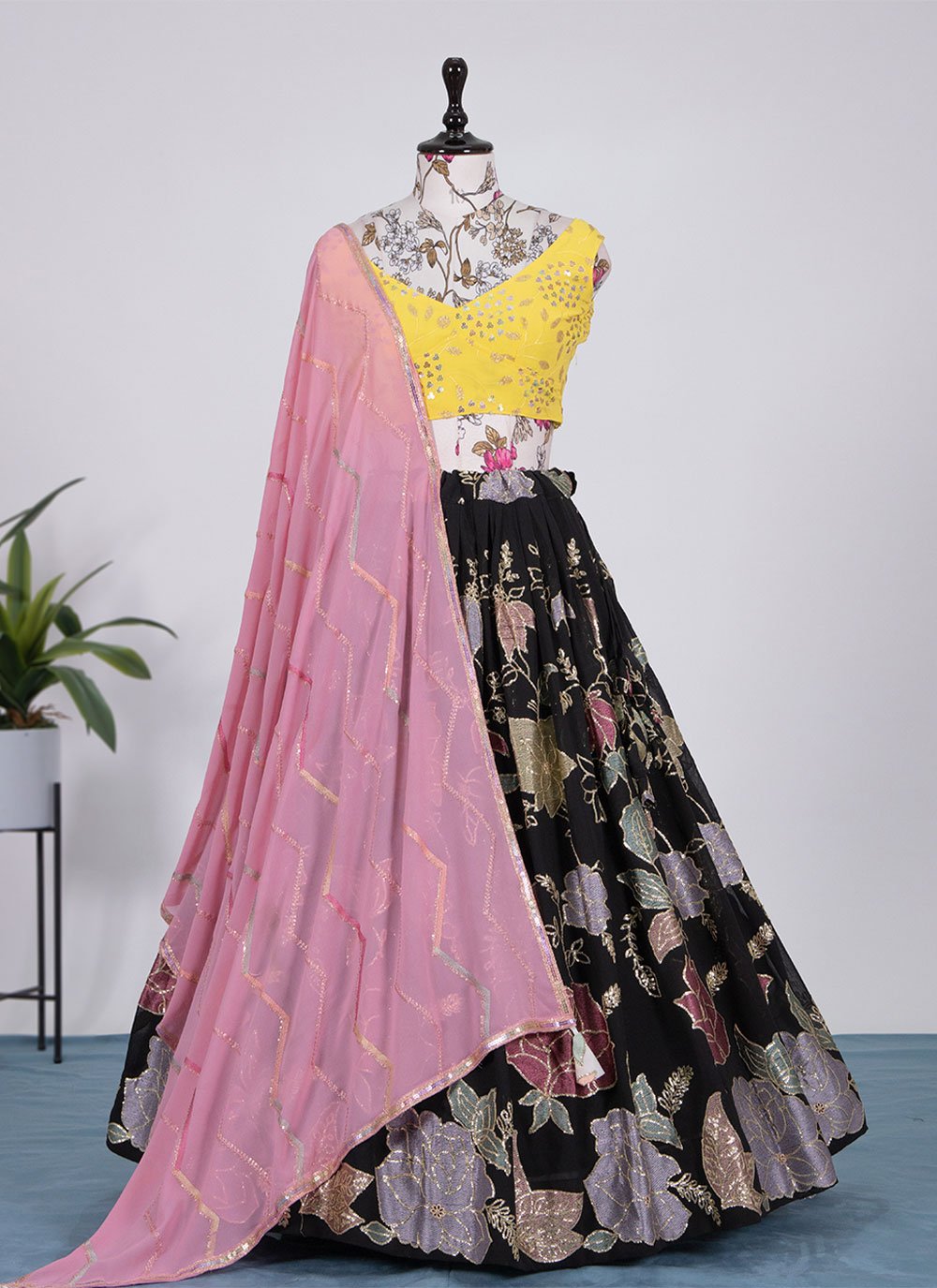 A Line Lehenga Georgette Black Embroidered Lehenga Choli