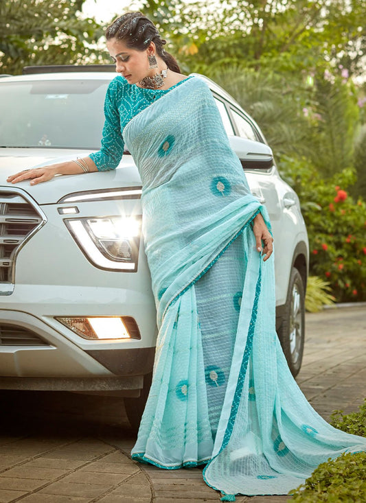 Contemporary Georgette Aqua Blue Embroidered Saree