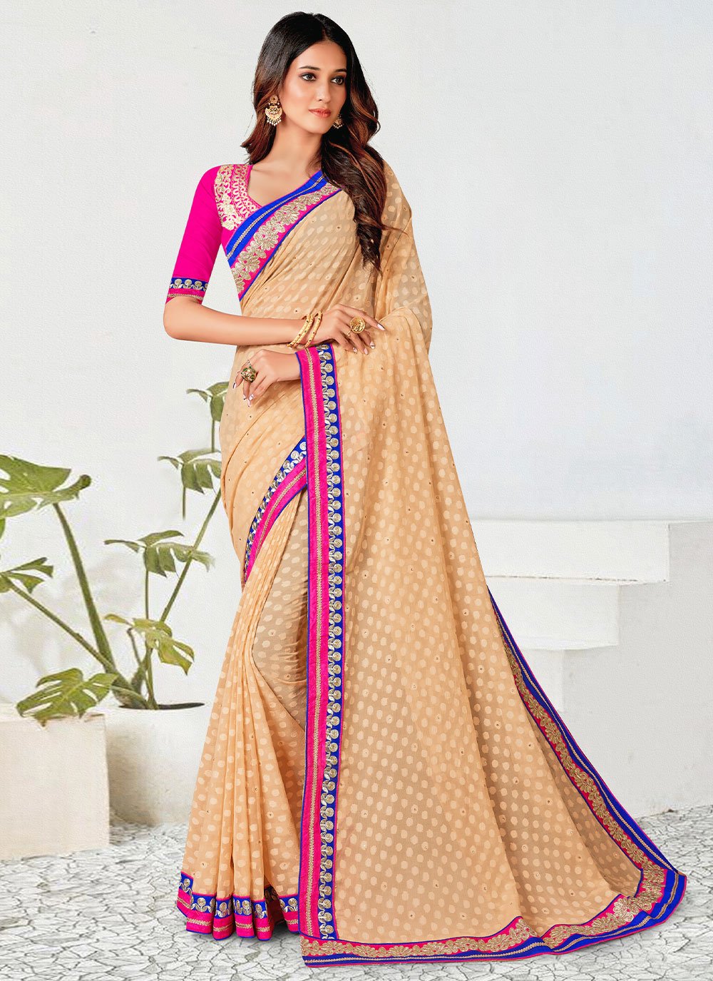 Contemporary Georgette Beige Cord Work Saree