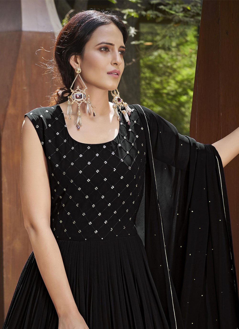 Designer Gown Georgette Black Embroidered Gown