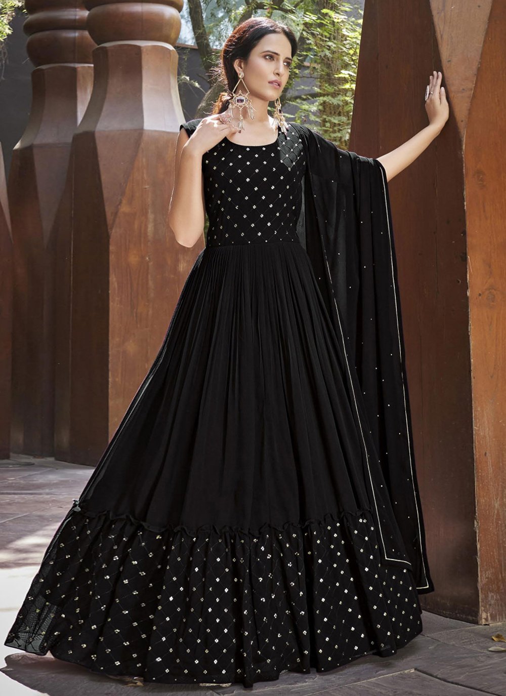 Designer Gown Georgette Black Embroidered Gown