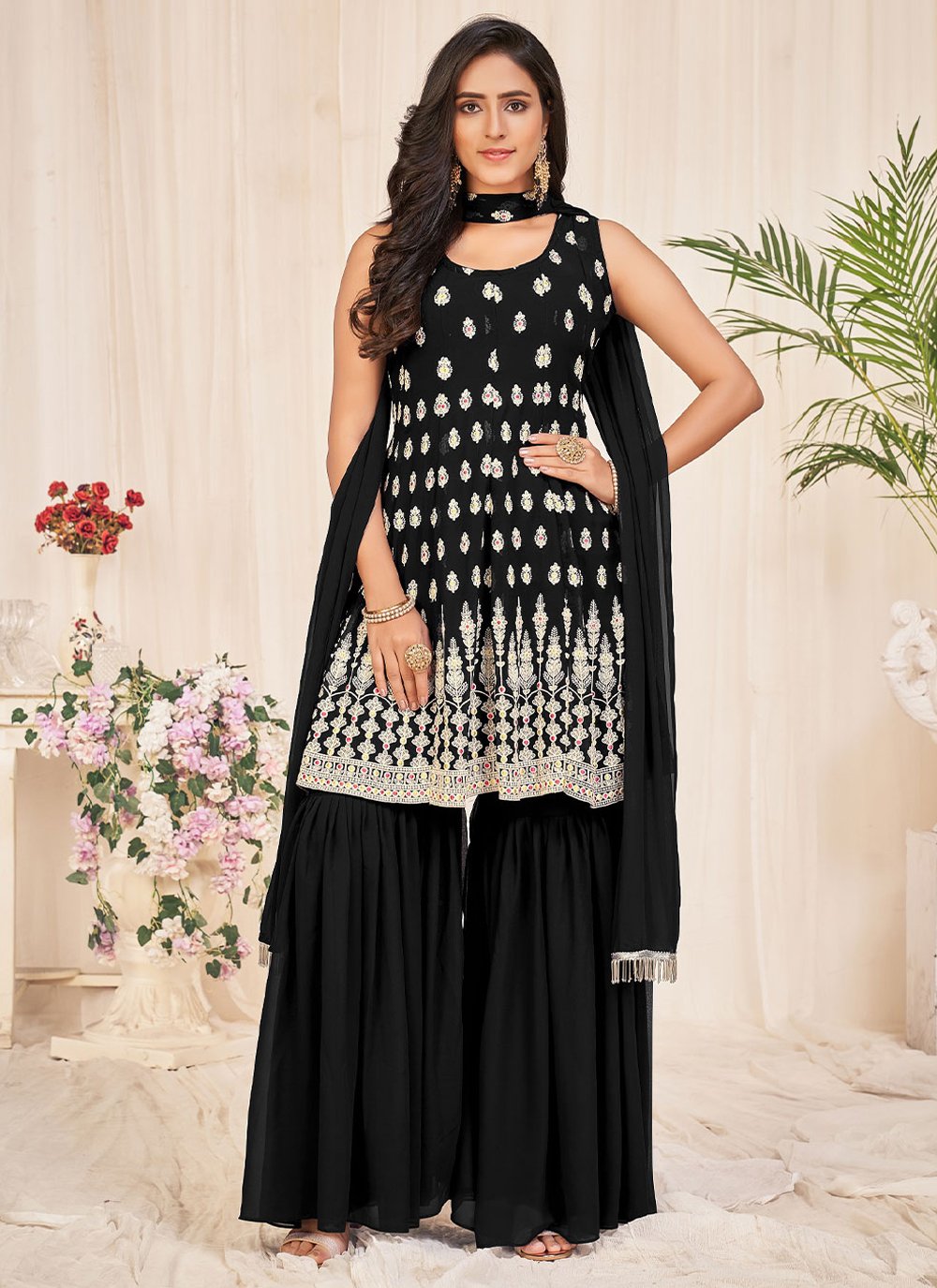 Straight Salwar Suit Georgette Black Embroidered Salwar Kameez