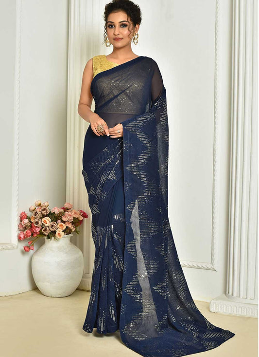 Designer Georgette Blue Embroidered Saree