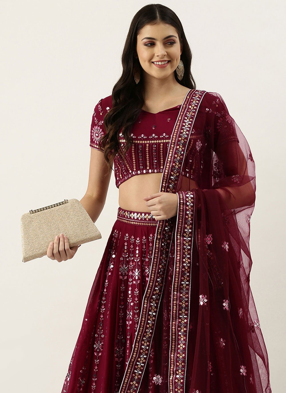 Lehenga Choli Georgette Burgundy Embroidered Lehenga Choli