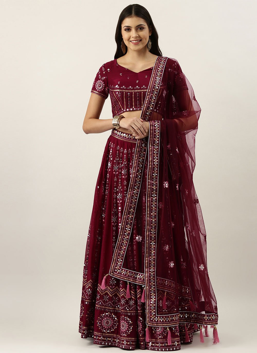 Lehenga Choli Georgette Burgundy Embroidered Lehenga Choli