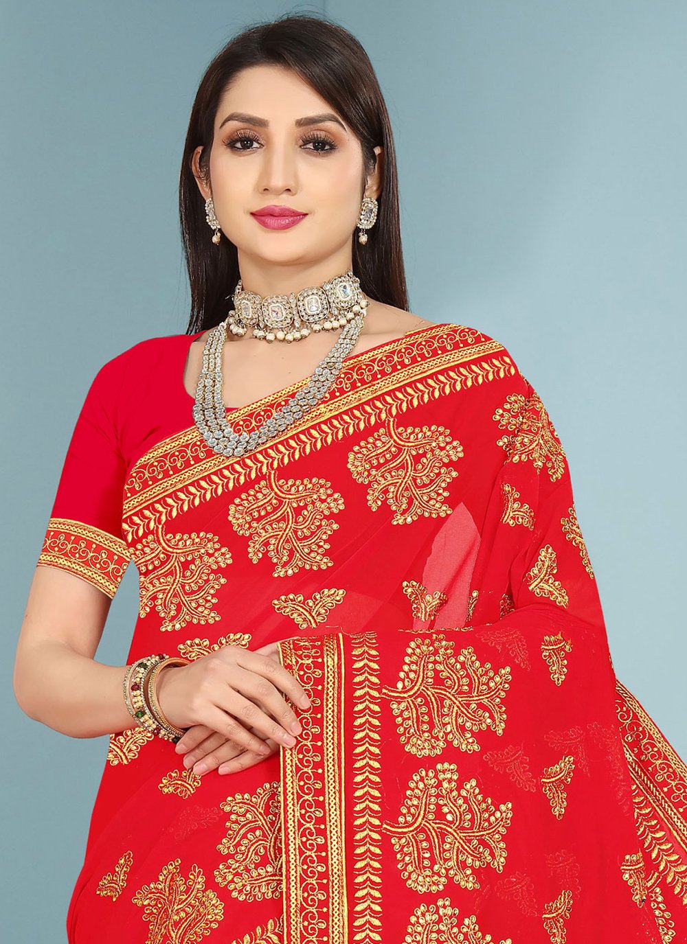 Classic Georgette Red Embroidered Saree