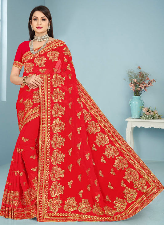 Classic Georgette Red Embroidered Saree