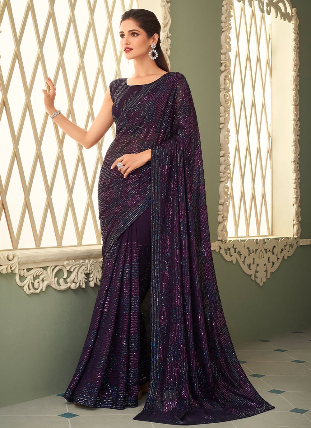 Classic Georgette Purple Embroidered Saree