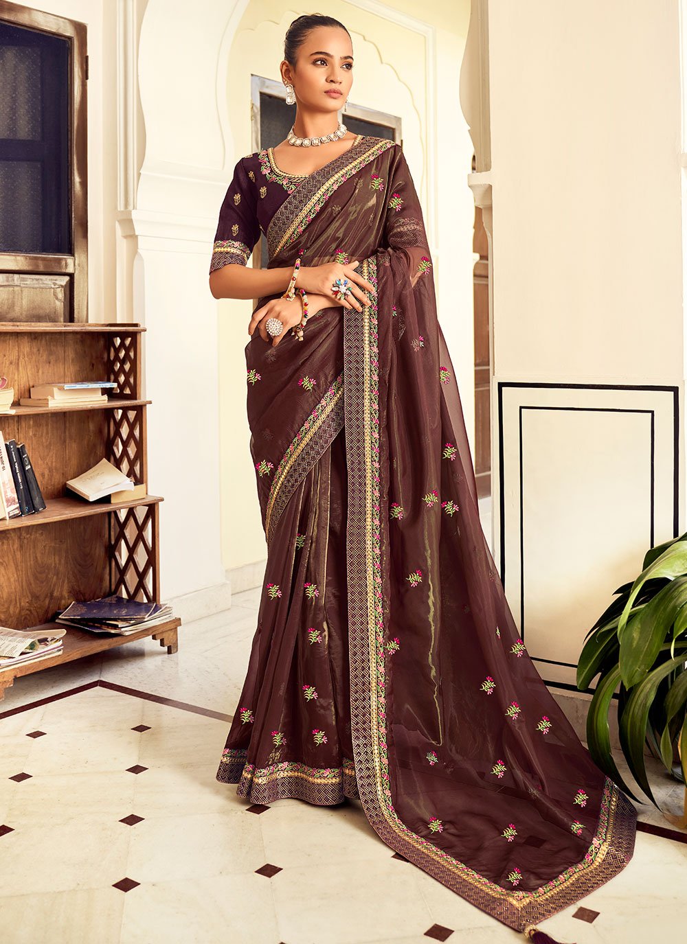 Classic Georgette Brown Embroidered Saree