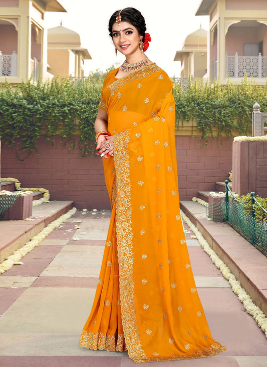 Classic Georgette Orange Embroidered Saree