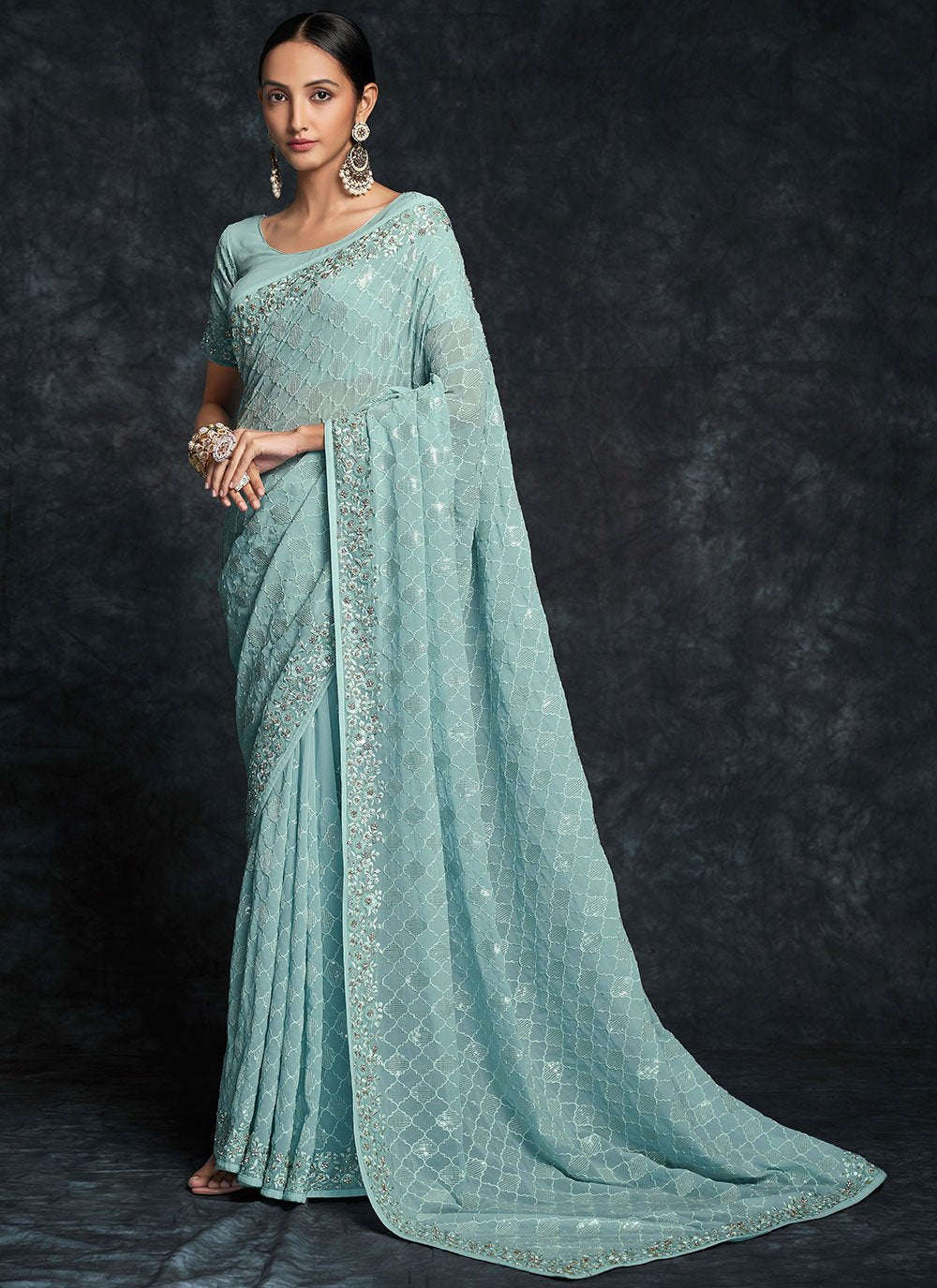 Classic Georgette Aqua Blue Embroidered Saree