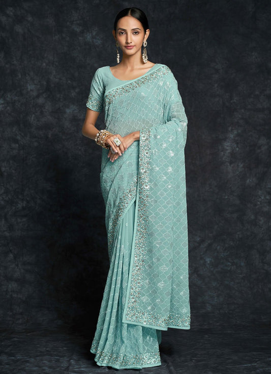 Classic Georgette Aqua Blue Embroidered Saree