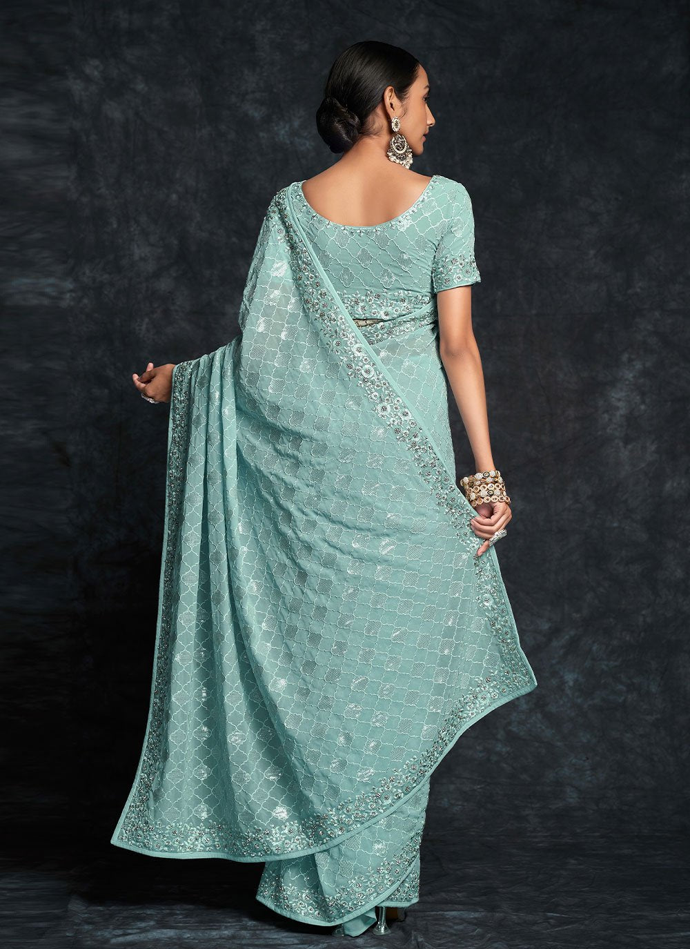 Classic Georgette Aqua Blue Embroidered Saree