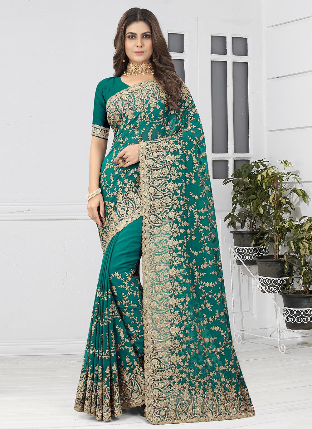 Classic Georgette Rama Embroidered Saree