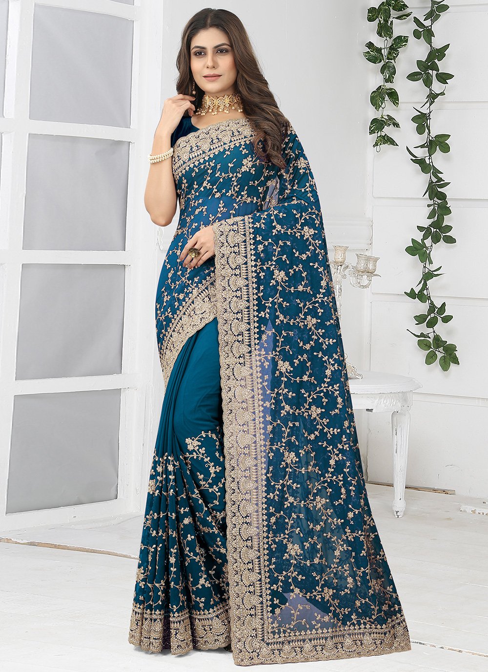 Classic Georgette Morpeach Embroidered Saree