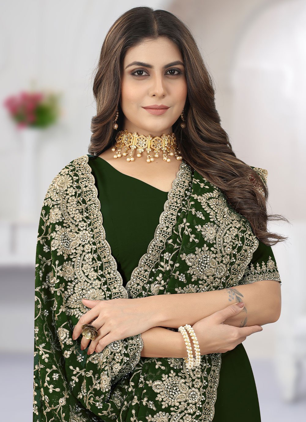 Classic Georgette Green Diamond Saree