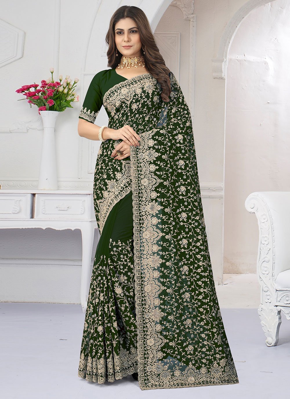 Classic Georgette Green Diamond Saree