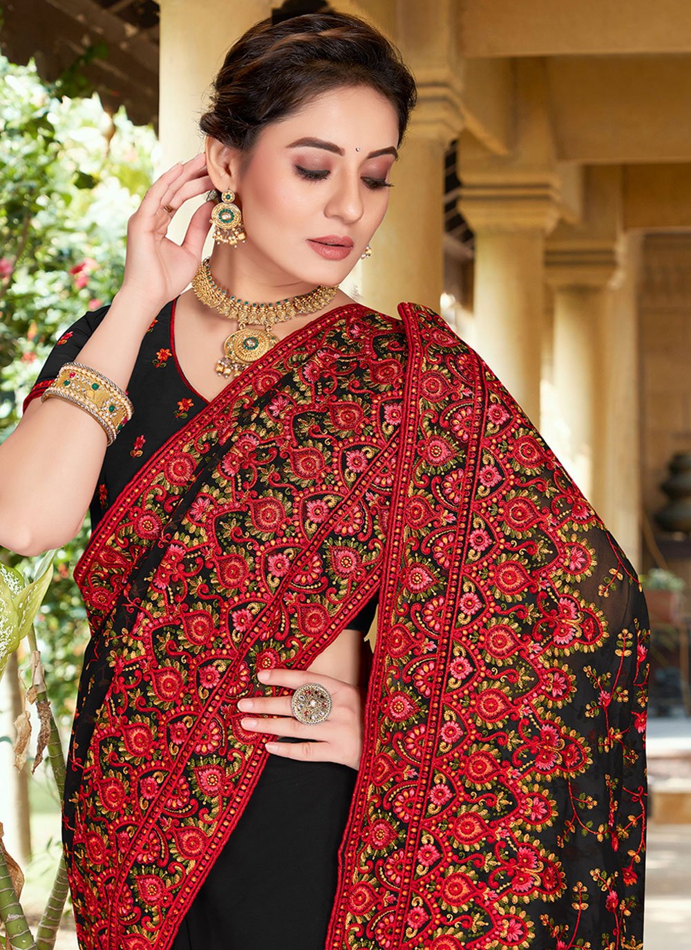 Classic Georgette Black Embroidered Saree