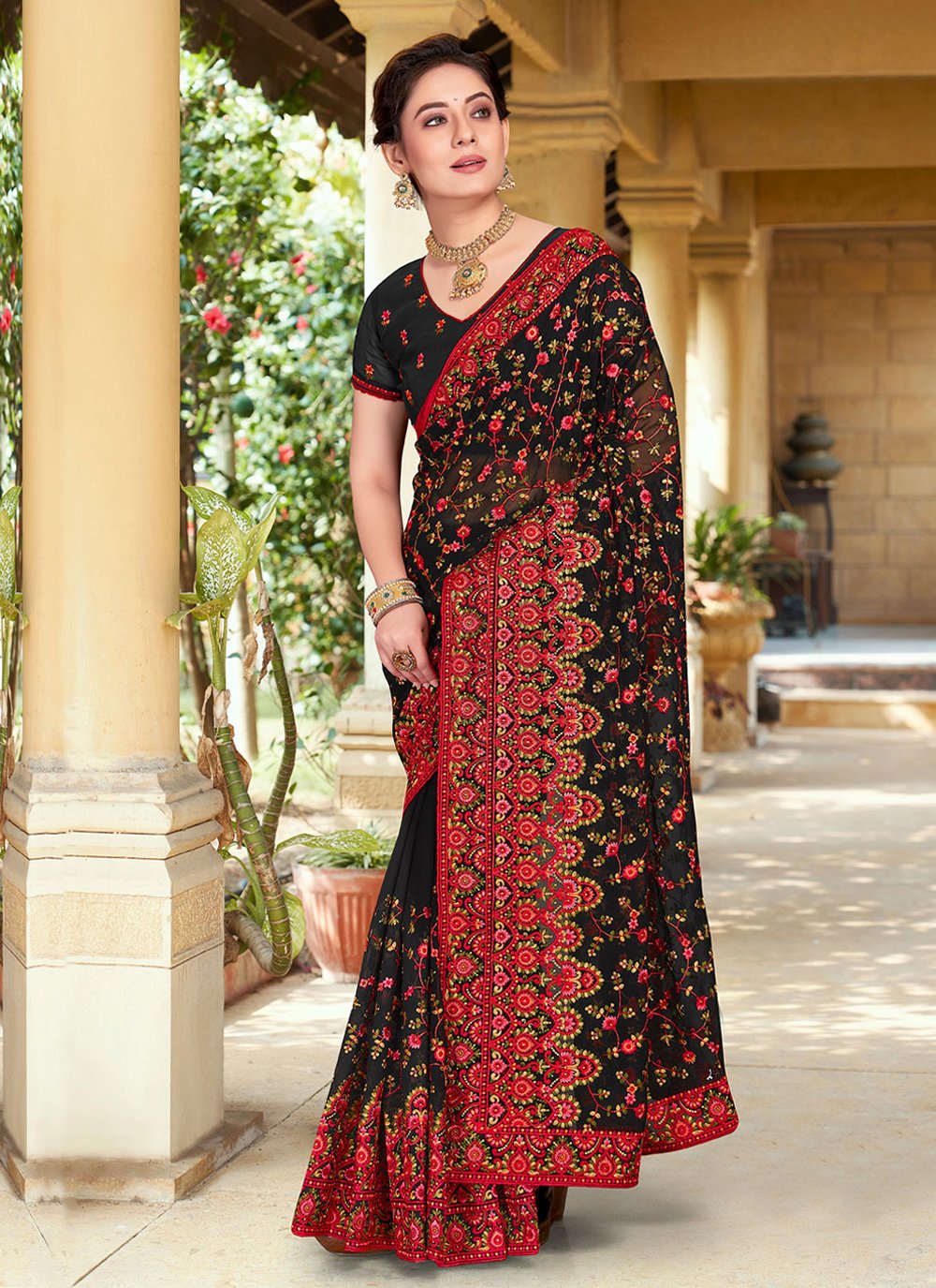 Classic Georgette Black Embroidered Saree