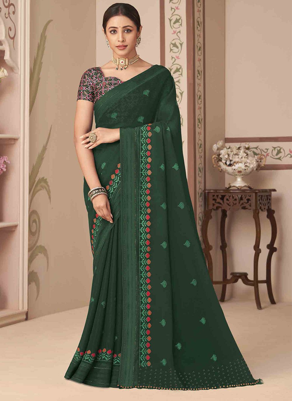 Classic Georgette Green Embroidered Saree