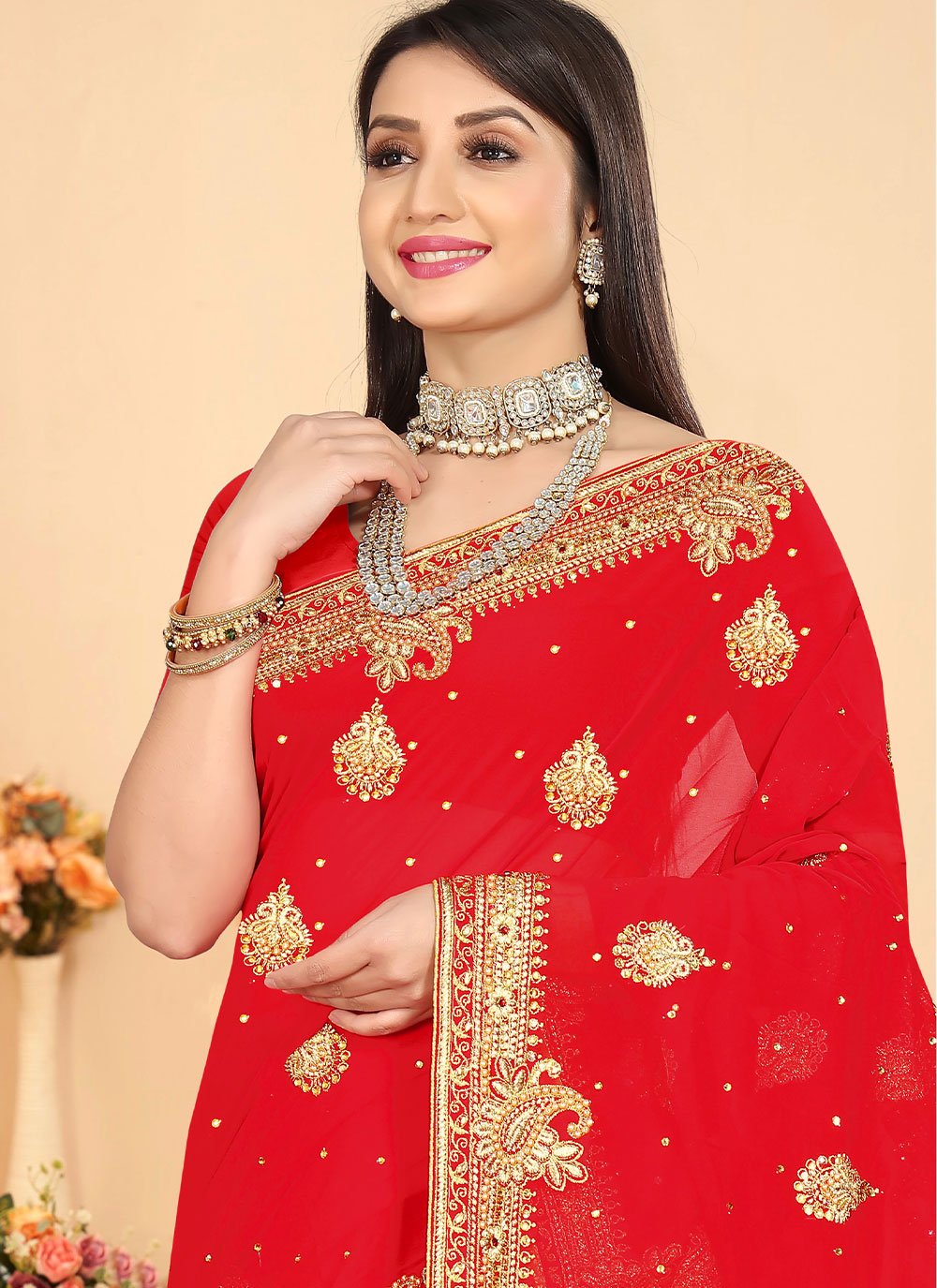 Classic Georgette Red Embroidered Saree