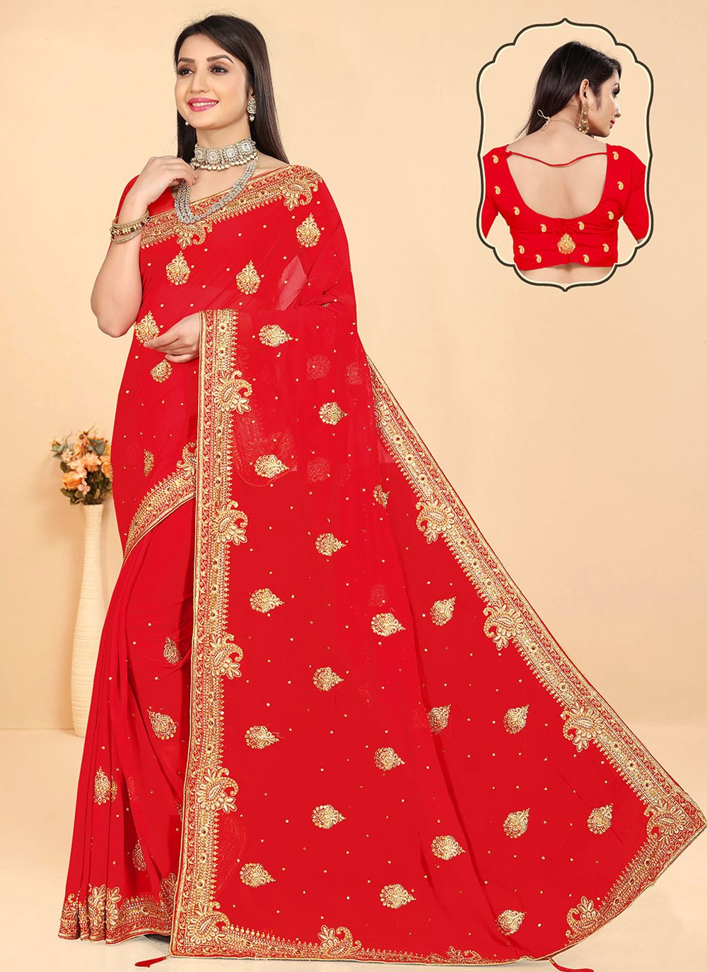 Classic Georgette Red Embroidered Saree