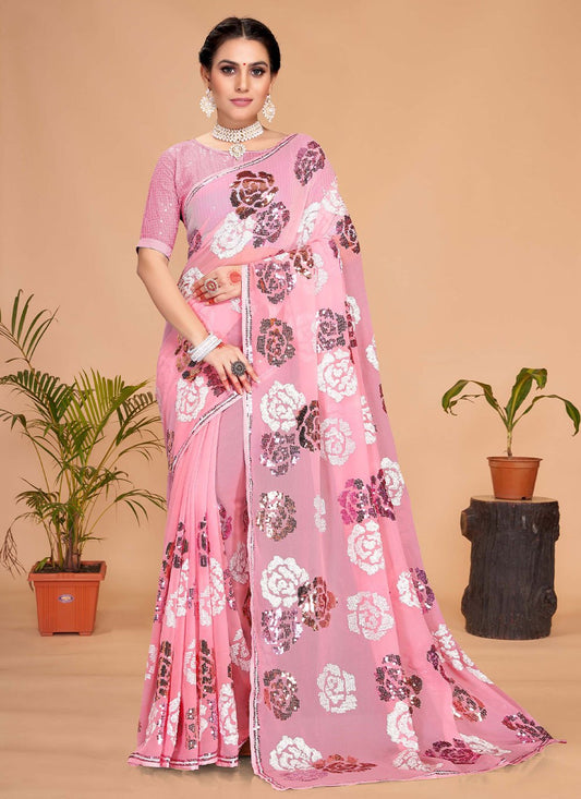 Contemporary Georgette Pink Embroidered Saree