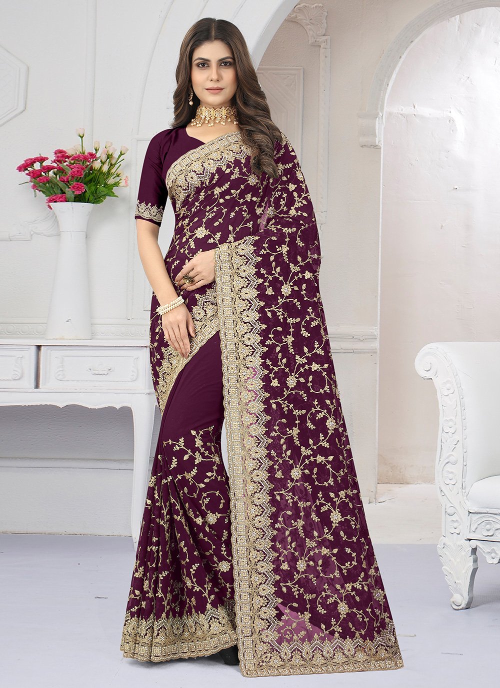 Contemporary Georgette Wine Embroidered Saree