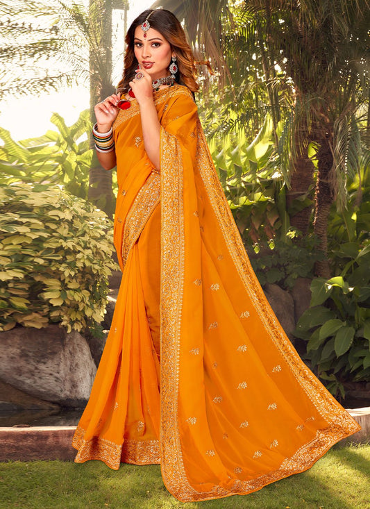 Contemporary Georgette Mustard Embroidered Saree