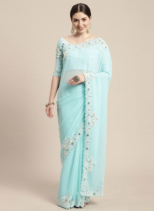 Contemporary Georgette Aqua Blue Embroidered Saree