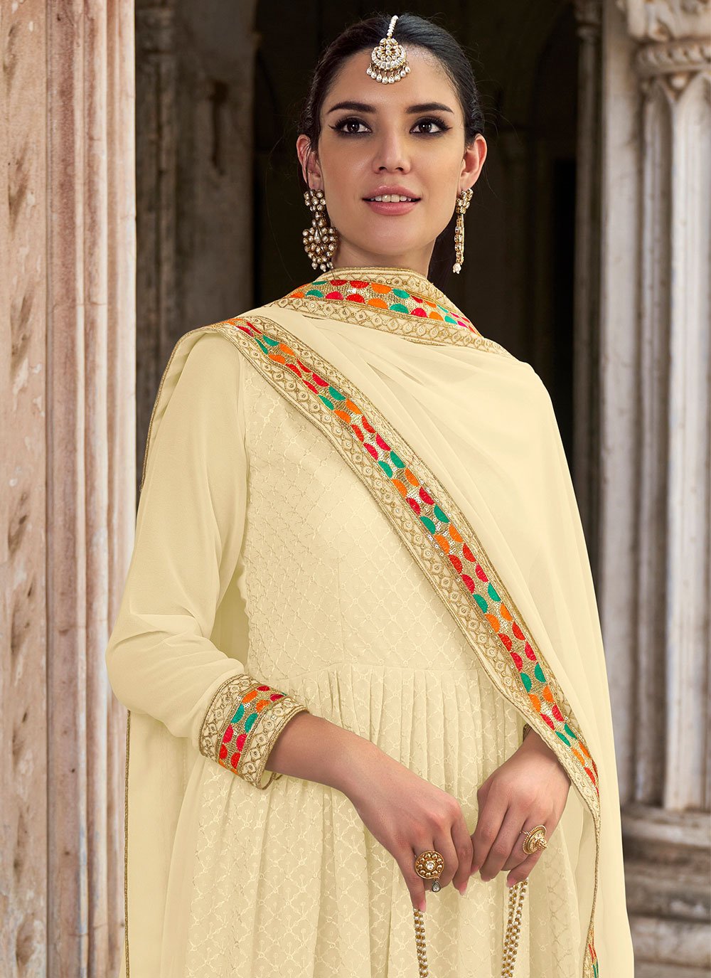 Anarkali Suit Georgette Cream Embroidered Salwar Kameez