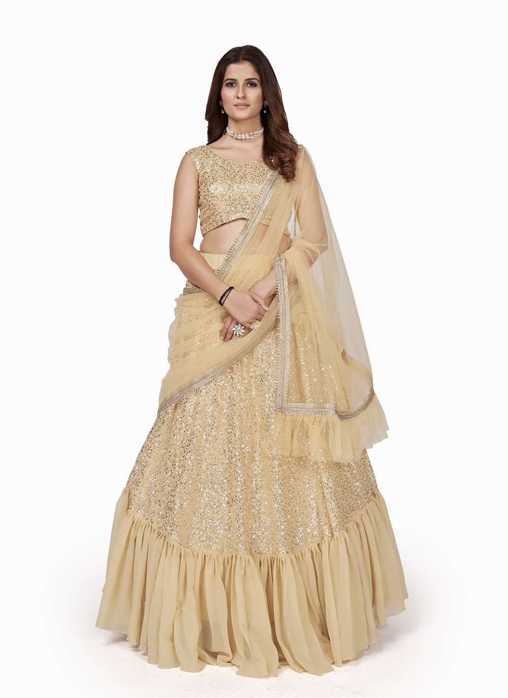 A Line Lehenga Georgette Cream Embroidered Lehenga Choli