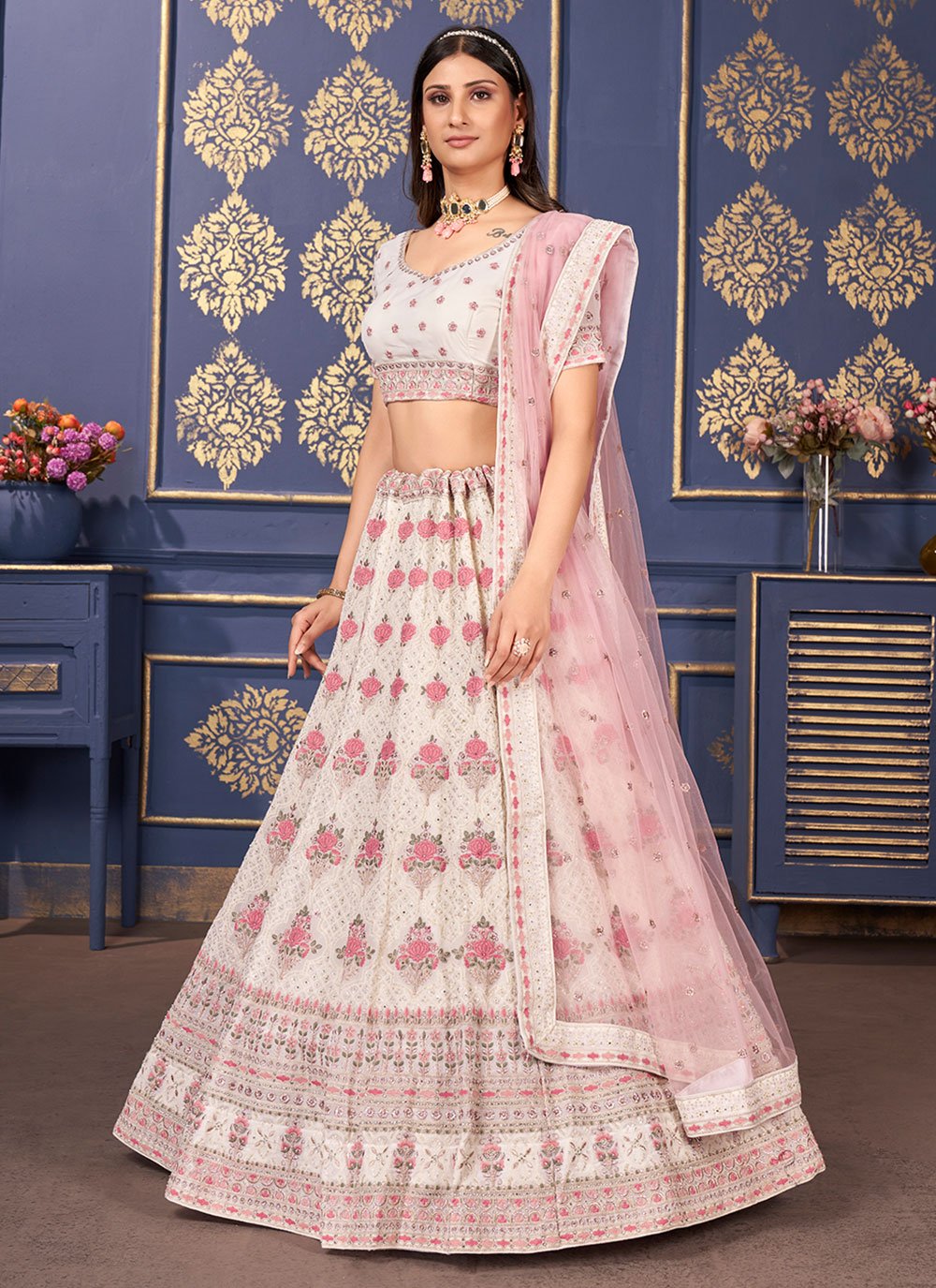 Lehenga Choli Georgette Cream Embroidered Lehenga Choli