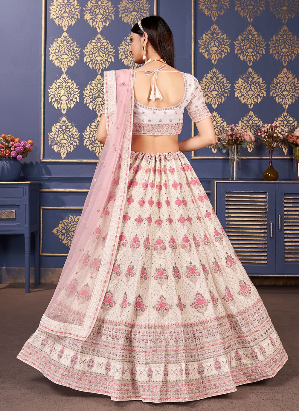 Lehenga Choli Georgette Cream Embroidered Lehenga Choli