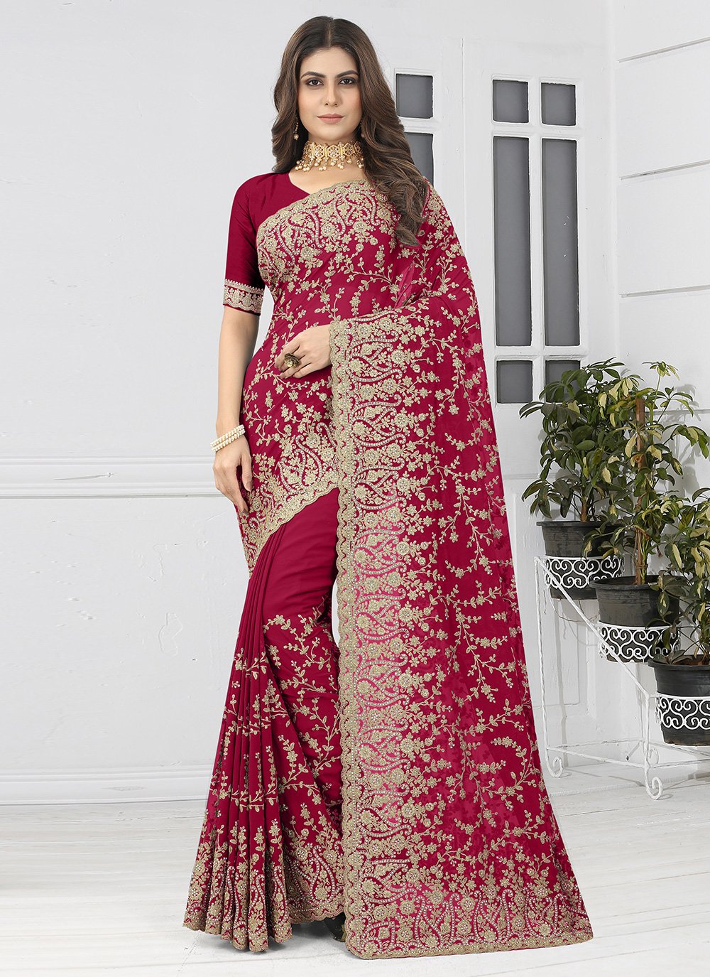 Contemporary Georgette Maroon Embroidered Saree