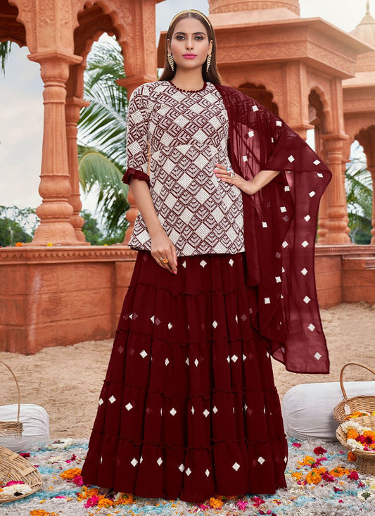 A Line Lehenga Cotton Georgette Wine Booti Lehenga Choli