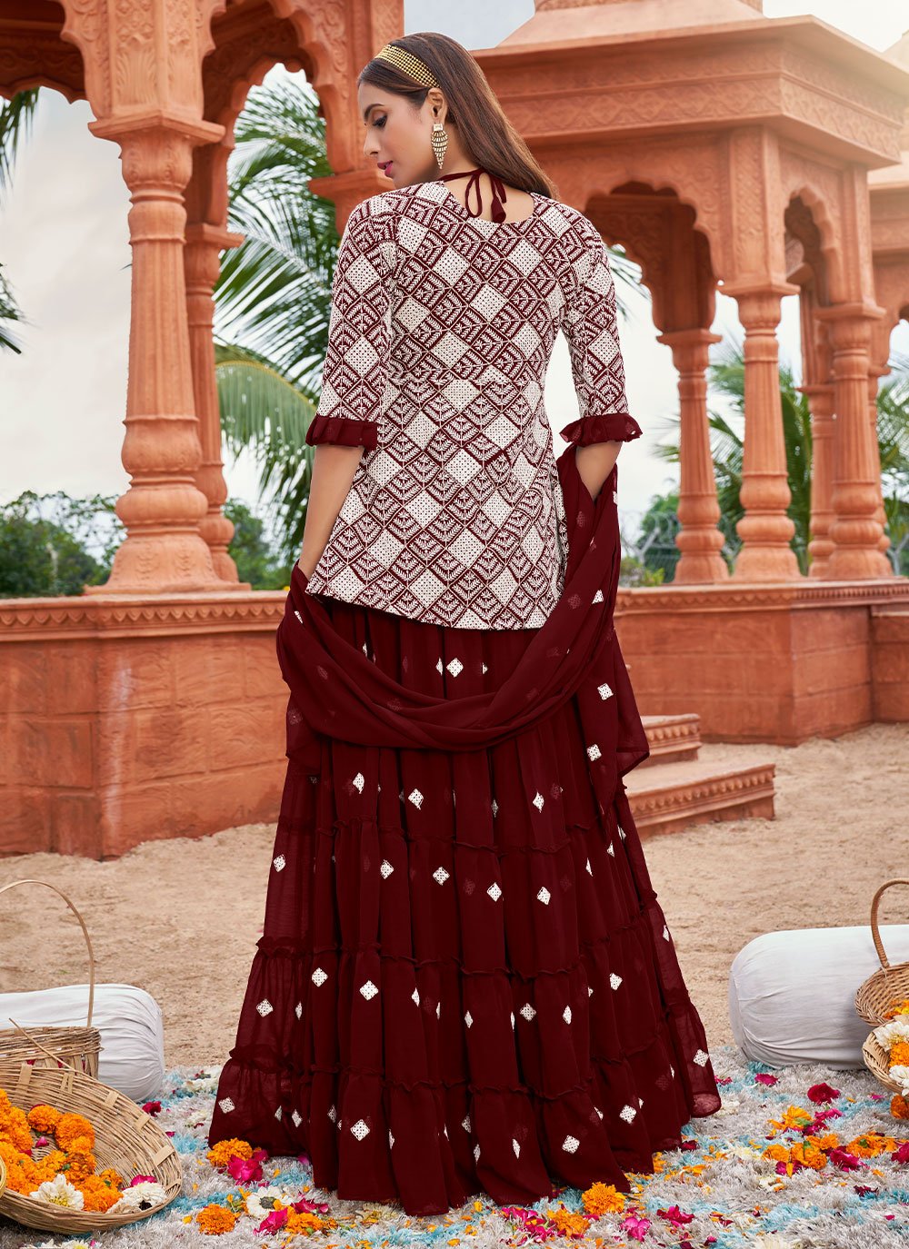 A Line Lehenga Cotton Georgette Wine Booti Lehenga Choli