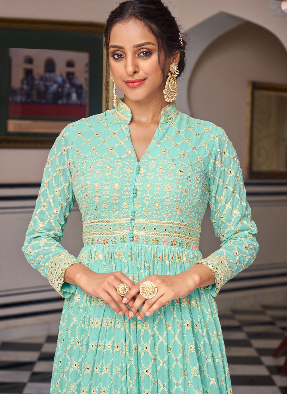 Salwar Suit Georgette Aqua Blue Embroidered Salwar Kameez