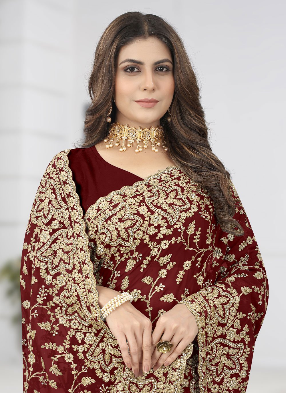 Designer Georgette Maroon Diamond Saree