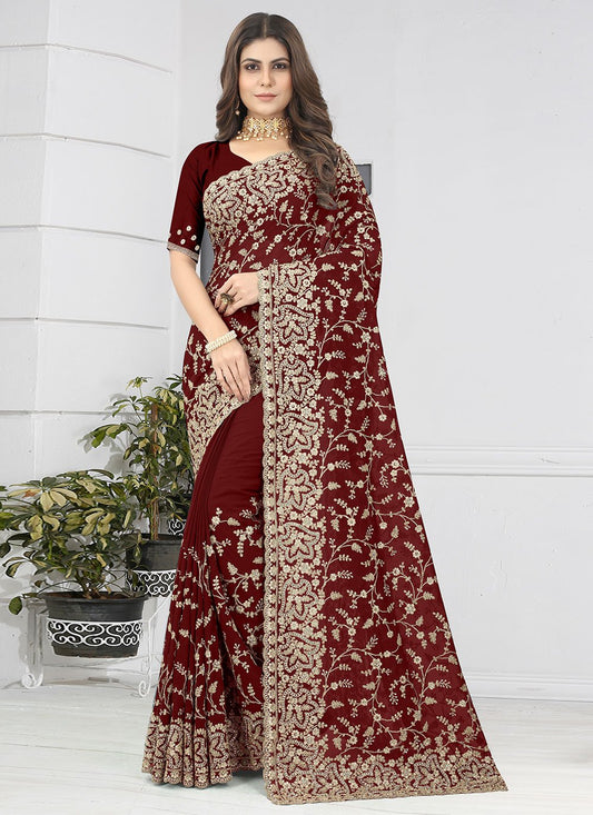 Designer Georgette Maroon Diamond Saree