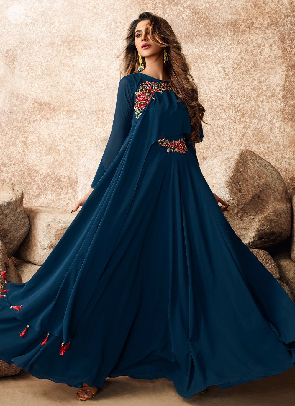 Gown Georgette Blue Embroidered Gown