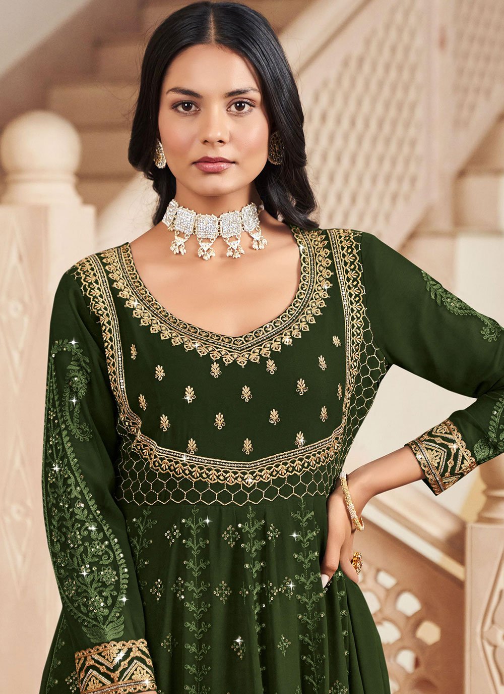 Anarkali Suit Georgette Green Embroidered Salwar Kameez