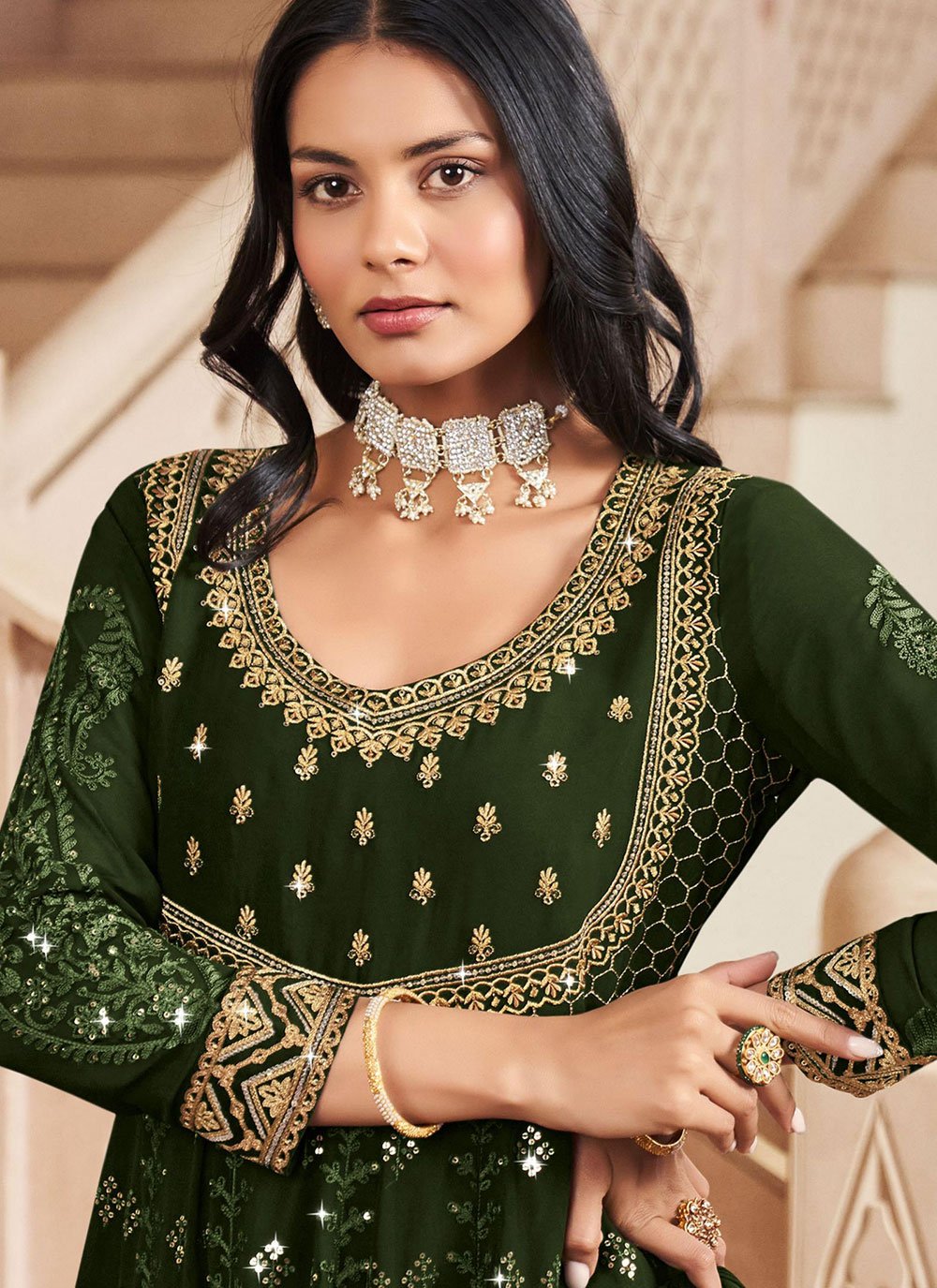 Anarkali Suit Georgette Green Embroidered Salwar Kameez