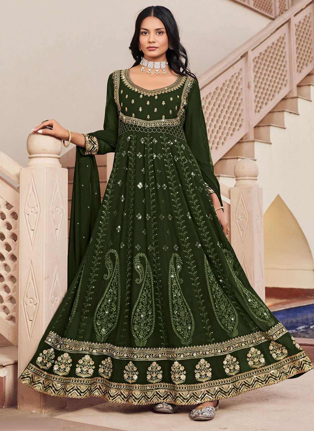 Anarkali Suit Georgette Green Embroidered Salwar Kameez