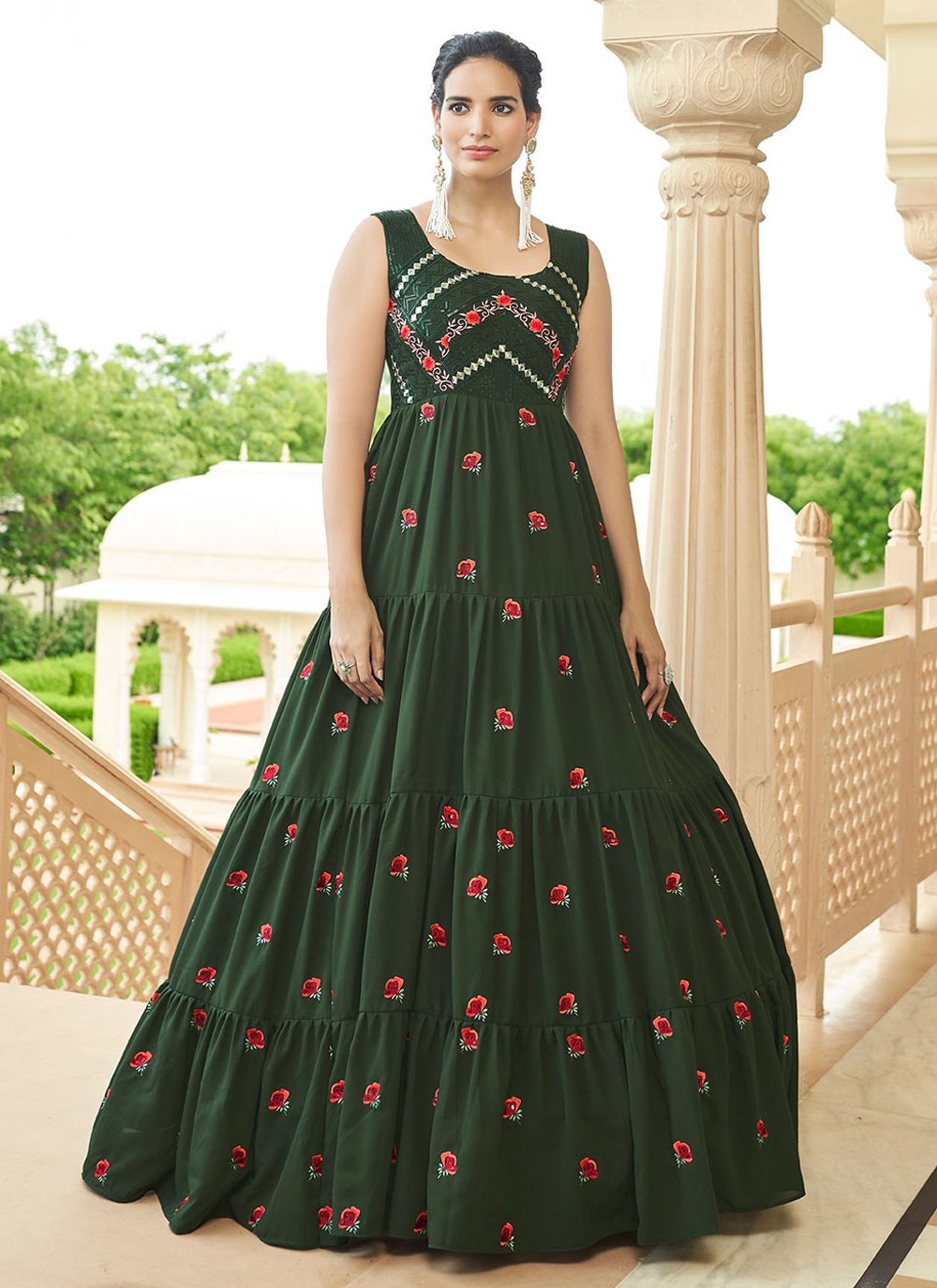 Gown Georgette Green Embroidered Gown