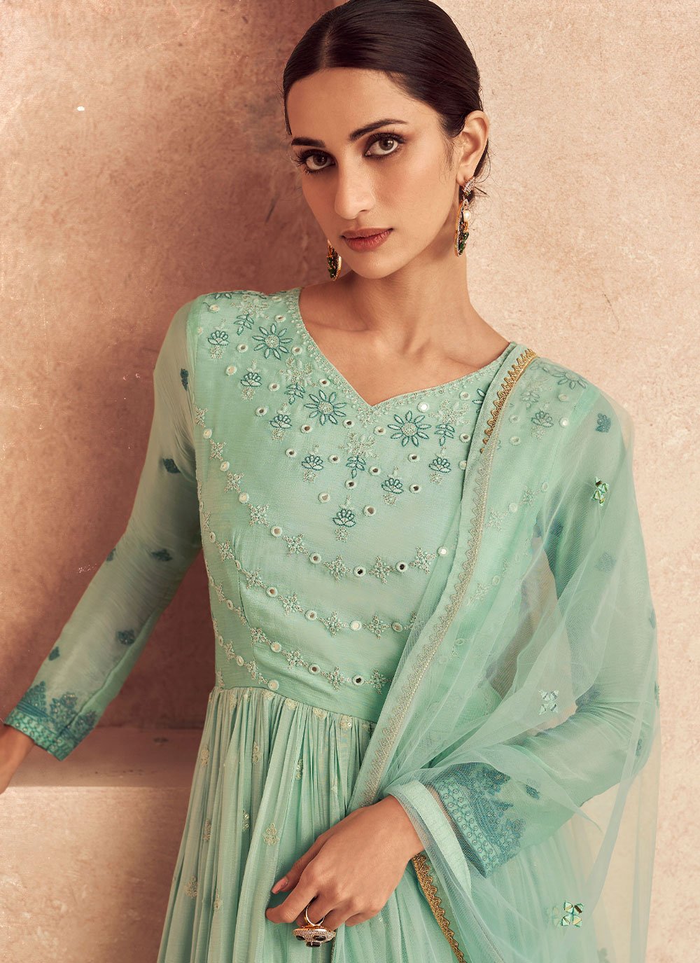 Gown Chinon Georgette Green Embroidered Gown