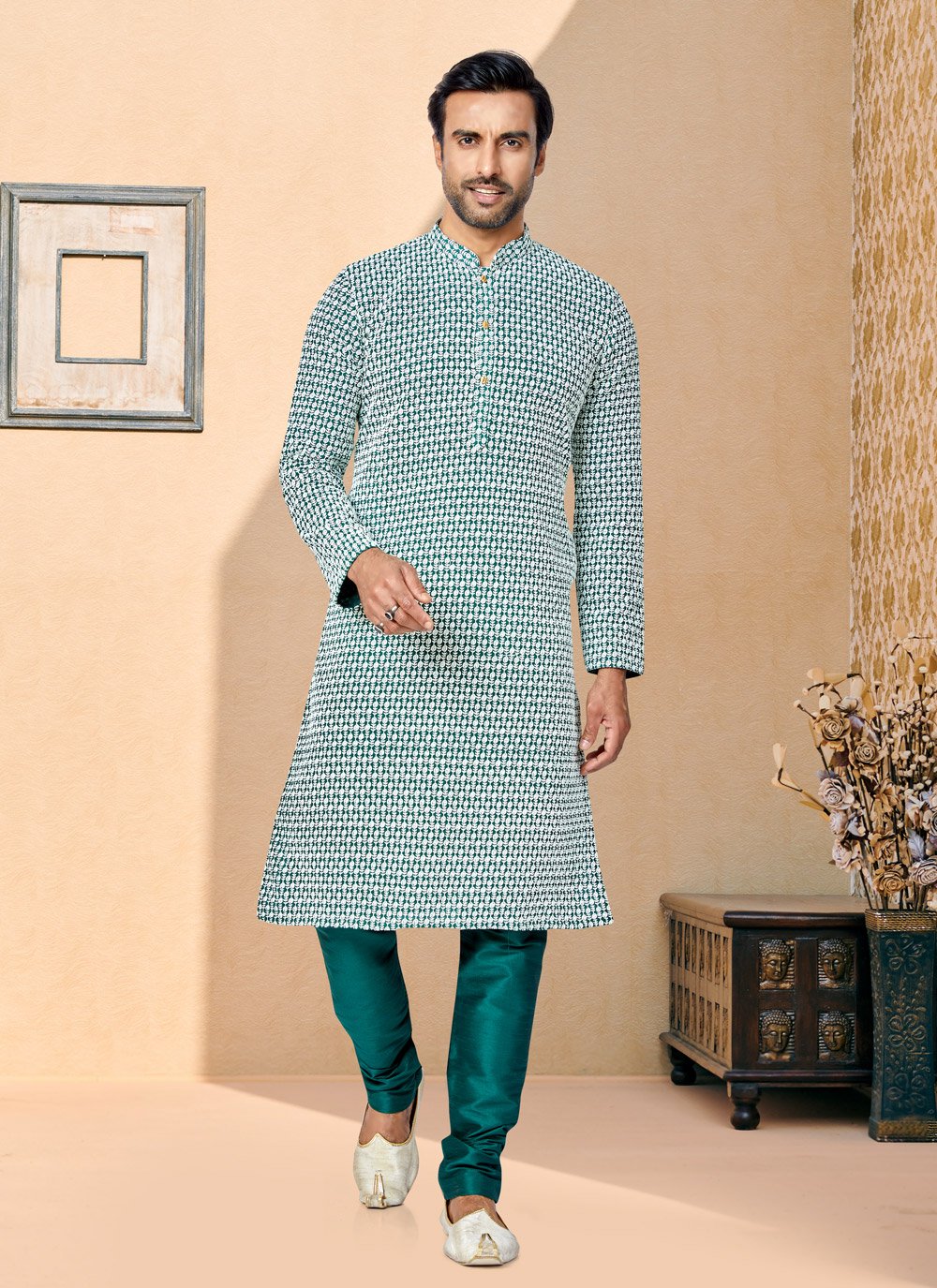 Kurta Pyjama Georgette Green Embroidered Mens